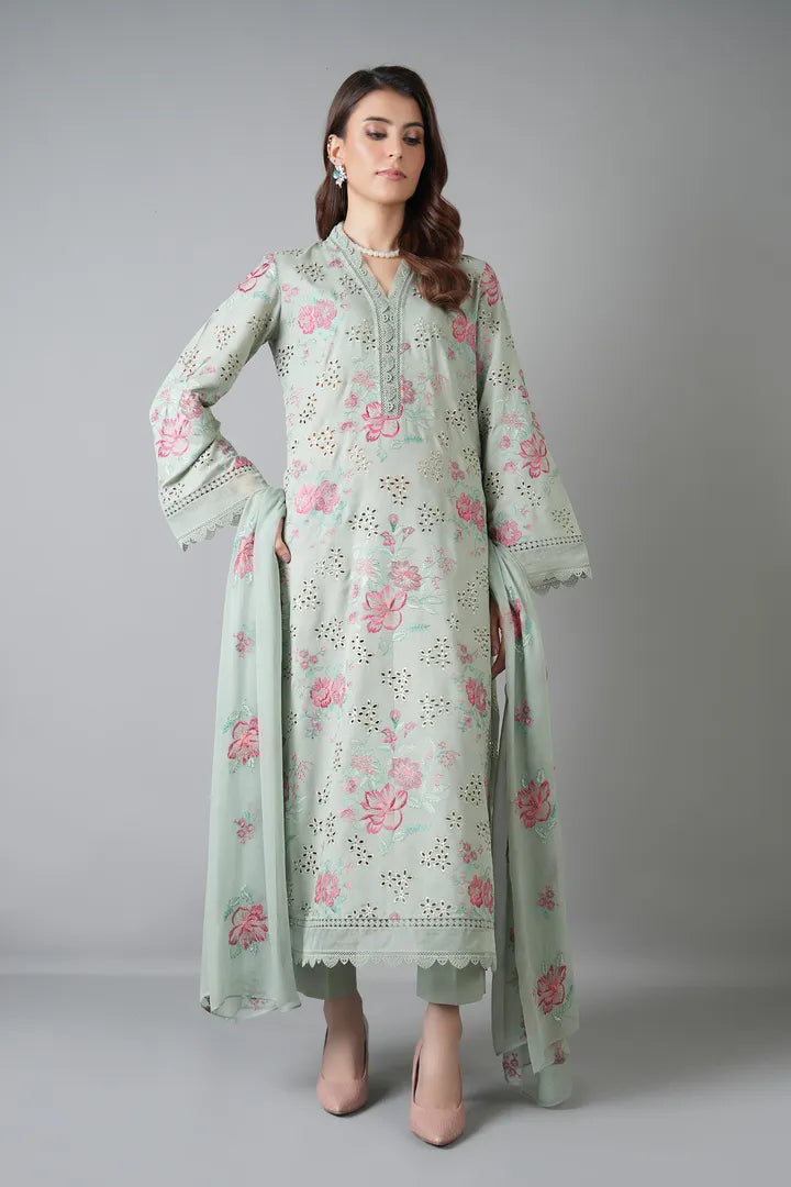 Bareeze karandi 3pcs with pure chiffon dupatta
