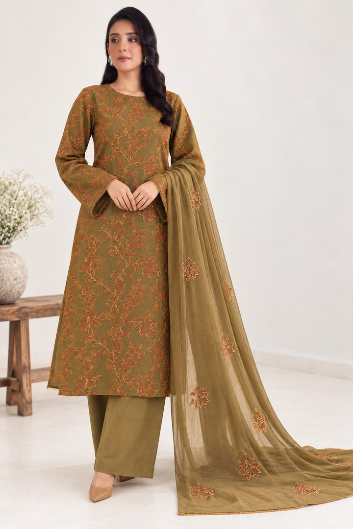 Bareeze karandi 3pcs with pure chiffon dupatta