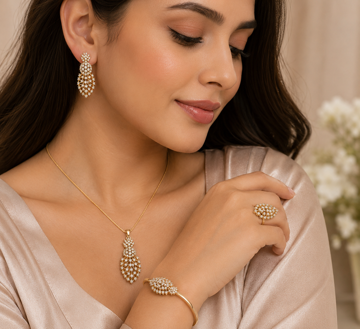 Premium Zircon Statement- Elegant jewelry set (4pcs) Gold Plated with Zircon Stones