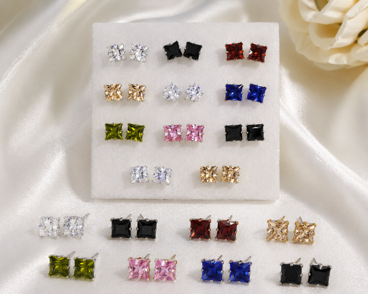 Princess Cut Cubic Zirconia Stud Earrings – Multicolor Square Crystal Earrings | Silver Tone