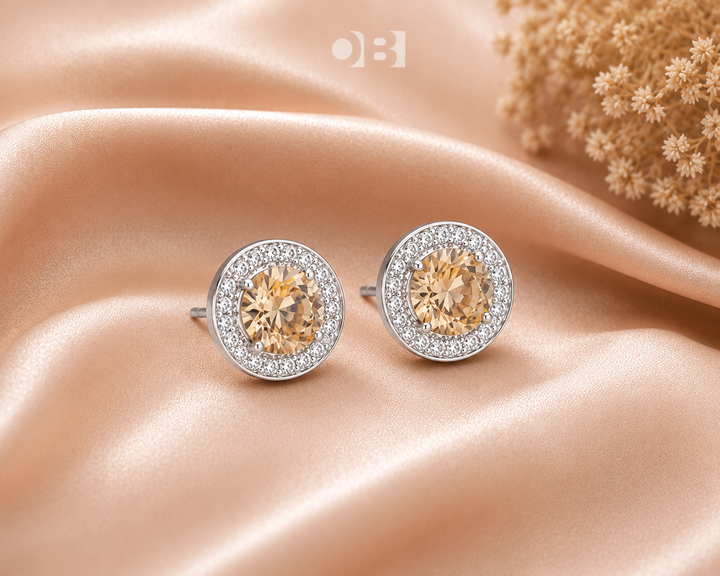 Halo Cubic Zirconia Stud Earrings – Silver Round Crystal Earrings for Women