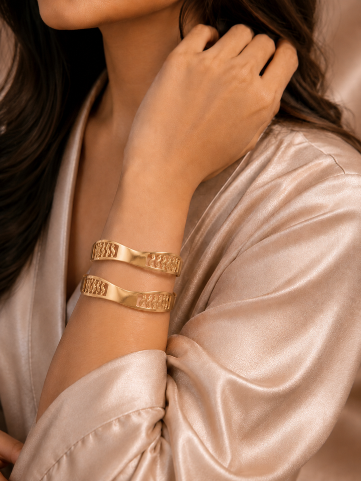 Curved Gold Cutwork Bangles – Elegant Designer Bracelet Pair