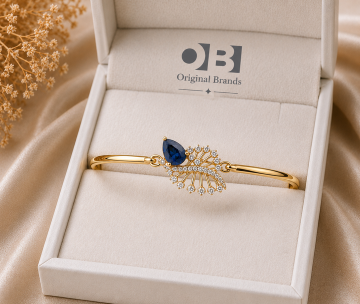 Sapphire Leaf Drop- Elegant Braclet- Gold Plated with Zircon Stones