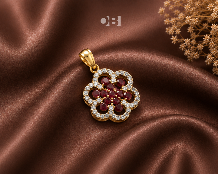 Ruby Blossom Floral Pendant Necklace – Gold Plated CZ Flower Pendant for Women