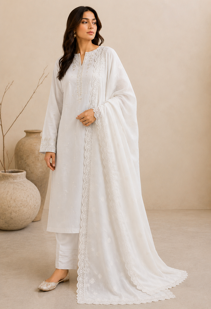 Kayseria- White Embroidered Shawl