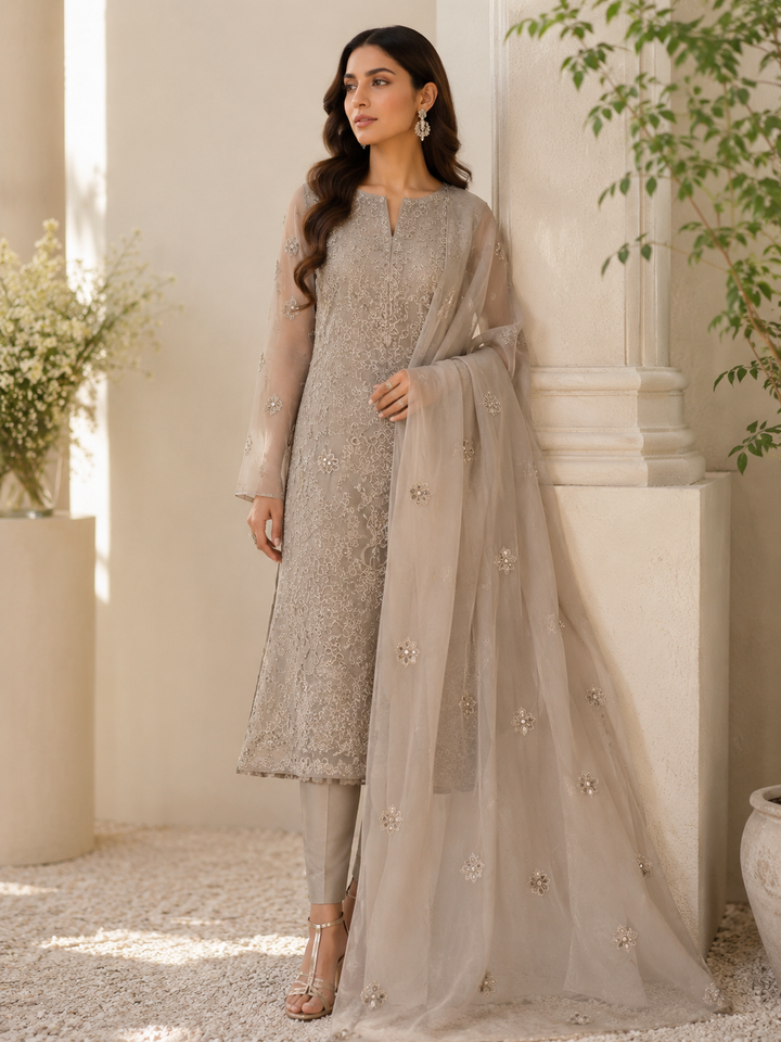 Unstitched 2 piece Lazerkari with Chiffon