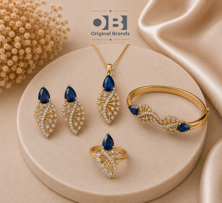 Sapphire Leaf Drop- Elegant jewelry set (4pcs) Gold Plated with Zircon Stones