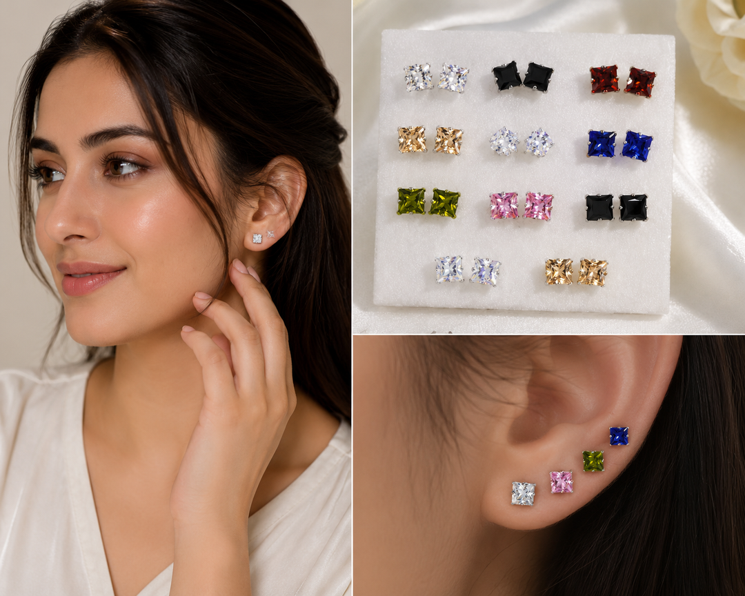 Princess Cut Cubic Zirconia Stud Earrings – Multicolor Square Crystal Earrings | Silver Tone
