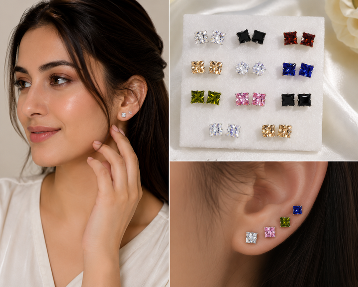 Princess Cut Cubic Zirconia Stud Earrings – Multicolor Square Crystal Earrings | Silver Tone