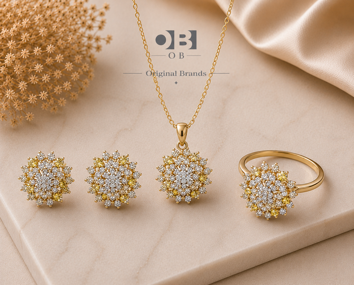 Celeste Bloom Jewelry Set- Earrings, Ring and pendant- Gold Plated with Zircon