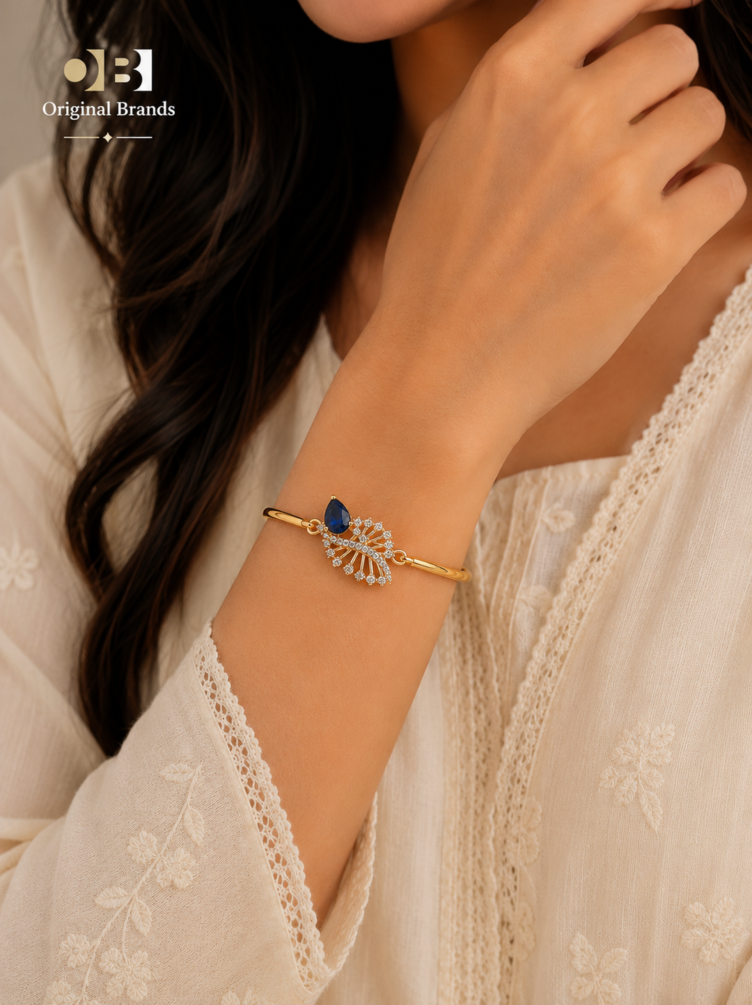 Sapphire Leaf Drop- Elegant jewelry set (4pcs) Gold Plated with Zircon Stones