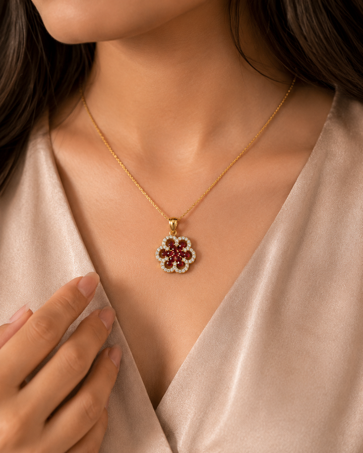 Ruby Blossom Floral Pendant Necklace – Gold Plated CZ Flower Pendant for Women