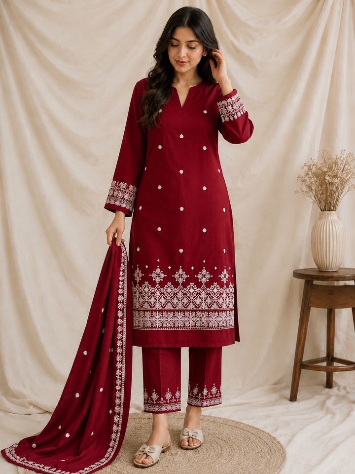 Image- Winter Cotton Unstitched Embroidery 3 piece
