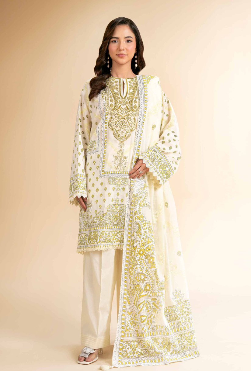 3 Piece - Nishat Linen Flatbed Paste Embroidered Suit