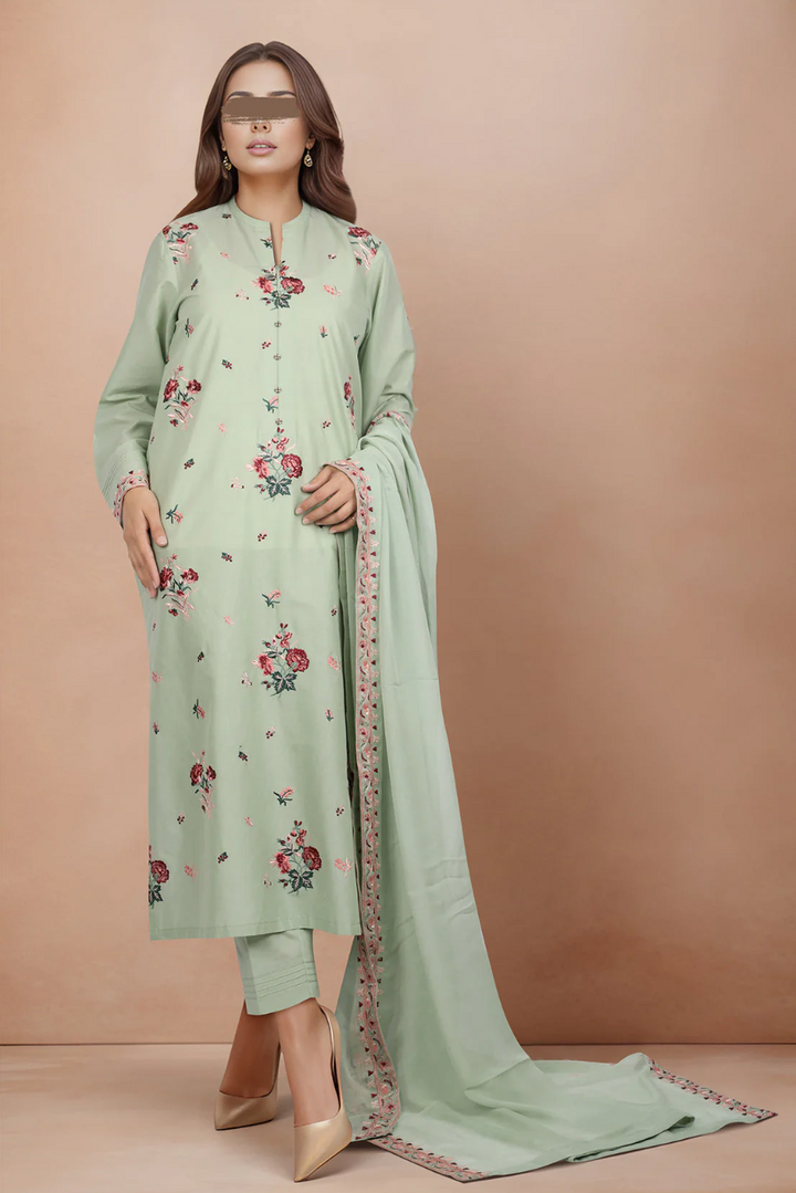 SAYA- Unstitched Printed Embroidered Cambric 3 Piece with Chiffon Dupatta