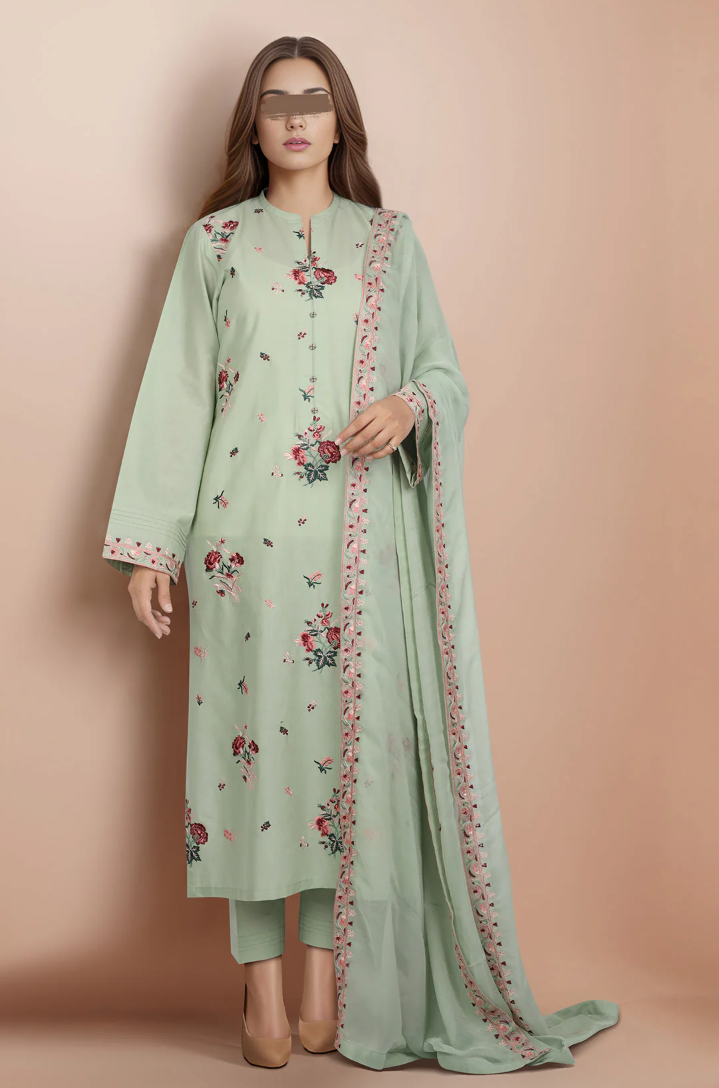 SAYA- Unstitched Printed Embroidered Cambric 3 Piece with Chiffon Dupatta
