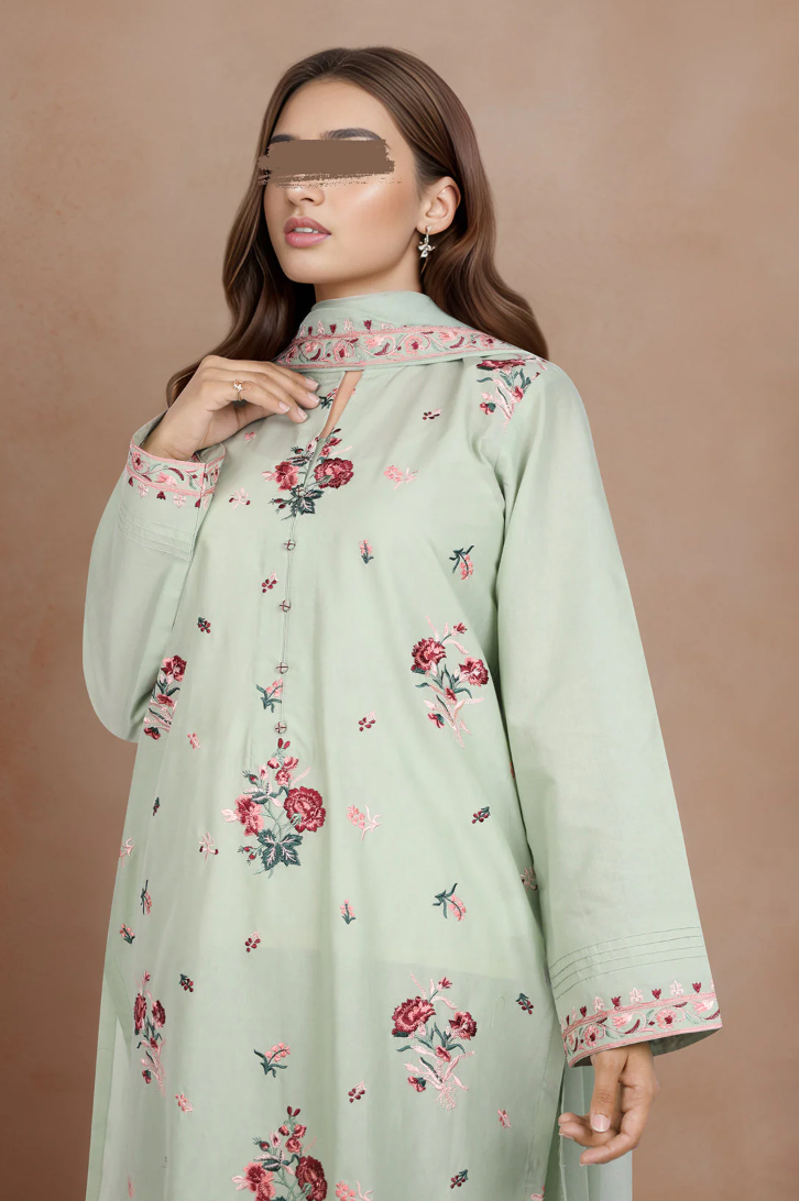 SAYA- Unstitched Printed Embroidered Cambric 3 Piece with Chiffon Dupatta