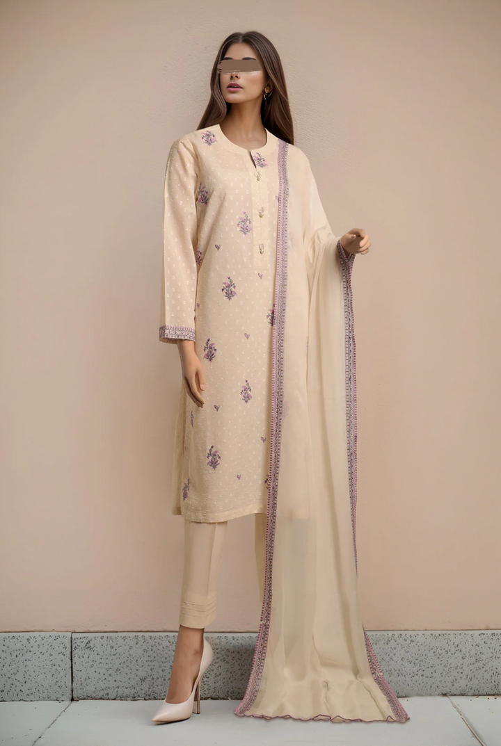 SAYA- Unstitched Embroidered Self Jacquard 3 Piece With Chiffon Dupatta