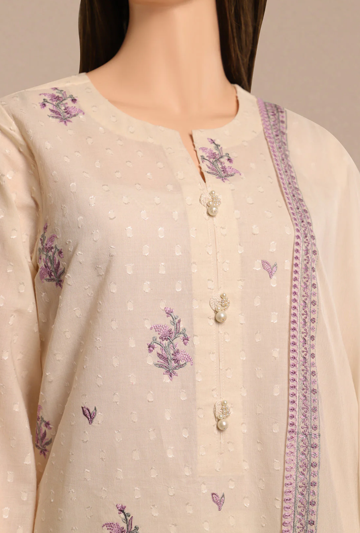 SAYA- Unstitched Embroidered Self Jacquard 3 Piece With Chiffon Dupatta