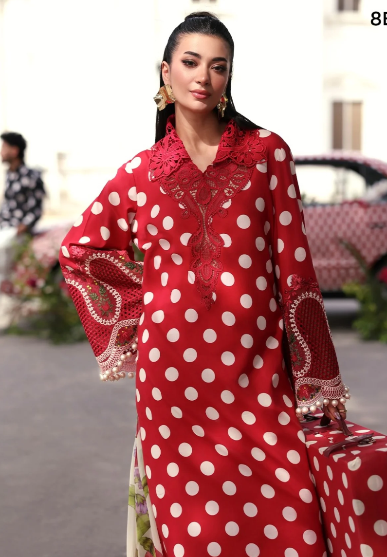 MARIA B M PRINT Vol-02 Polka Dot Red Lawn Collection 2026 | 3PC Embroidered Suit