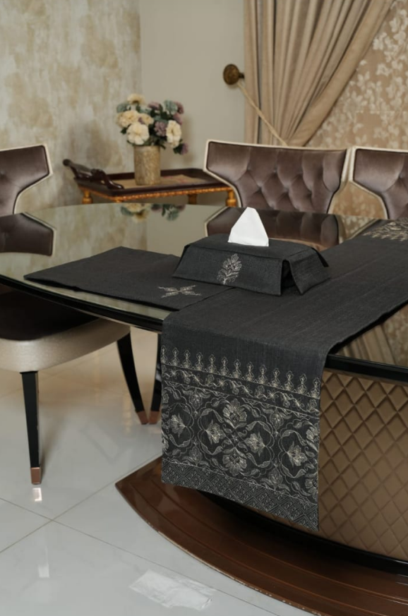Embroidered Velvet Home Decor Set – Tissue Box, Table Runner & Table Mat