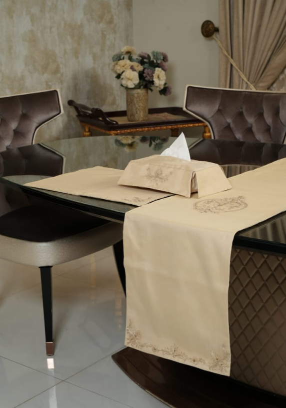 Embroidered Velvet Home Decor Set – Tissue Box, Table Runner & Table Mat
