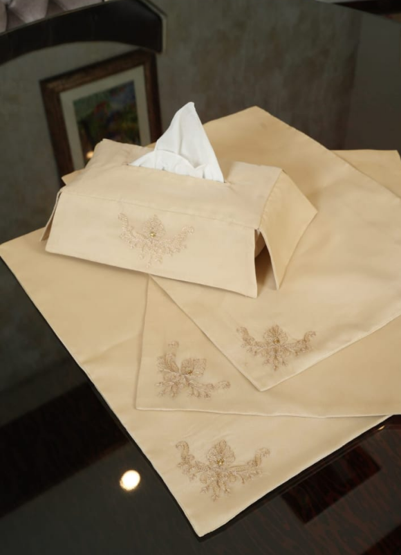 Embroidered Velvet Home Decor Set – Tissue Box, Table Runner & Table Mat
