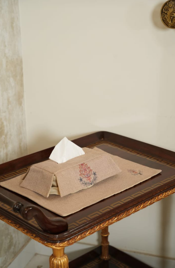 Embroidered Linen Home Decor Set – Tissue Box, Table Runner & Table Mat