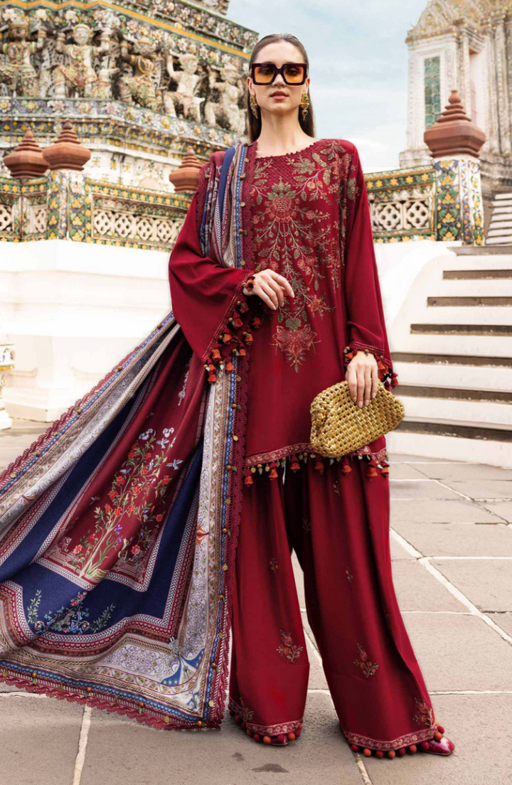 Maria B Mprint Red Twill Linen Suit | Embroidered Winter Suit with Wool Shawl