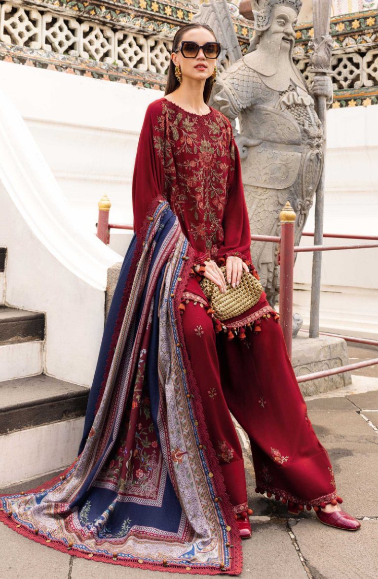 Maria B Mprint Red Twill Linen Suit | Embroidered Winter Suit with Wool Shawl