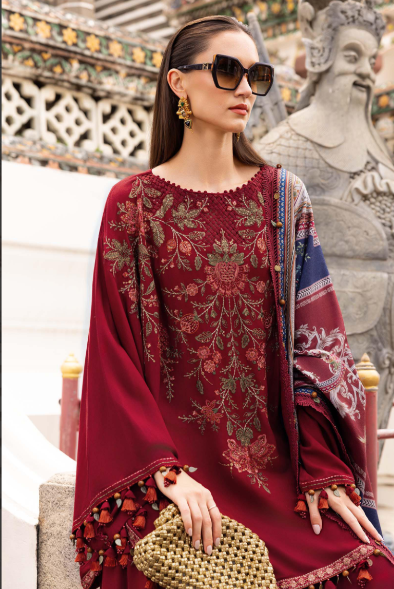 Maria B Mprint Red Twill Linen Suit | Embroidered Winter Suit with Wool Shawl
