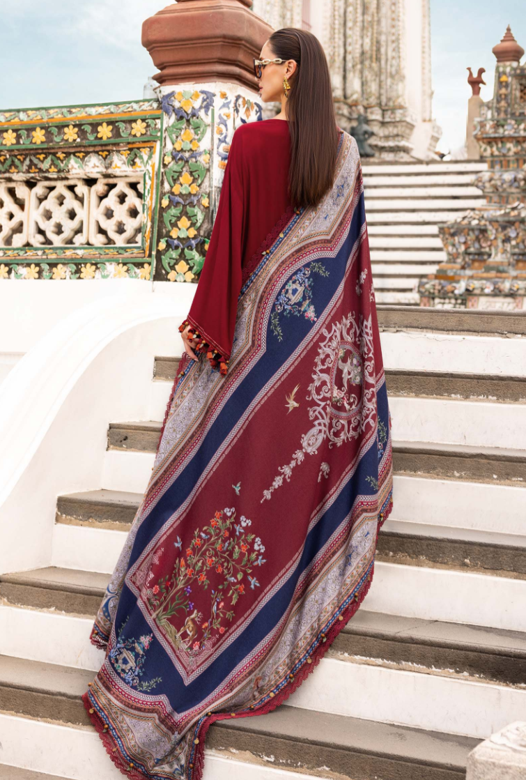 Maria B Mprint Red Twill Linen Suit | Embroidered Winter Suit with Wool Shawl
