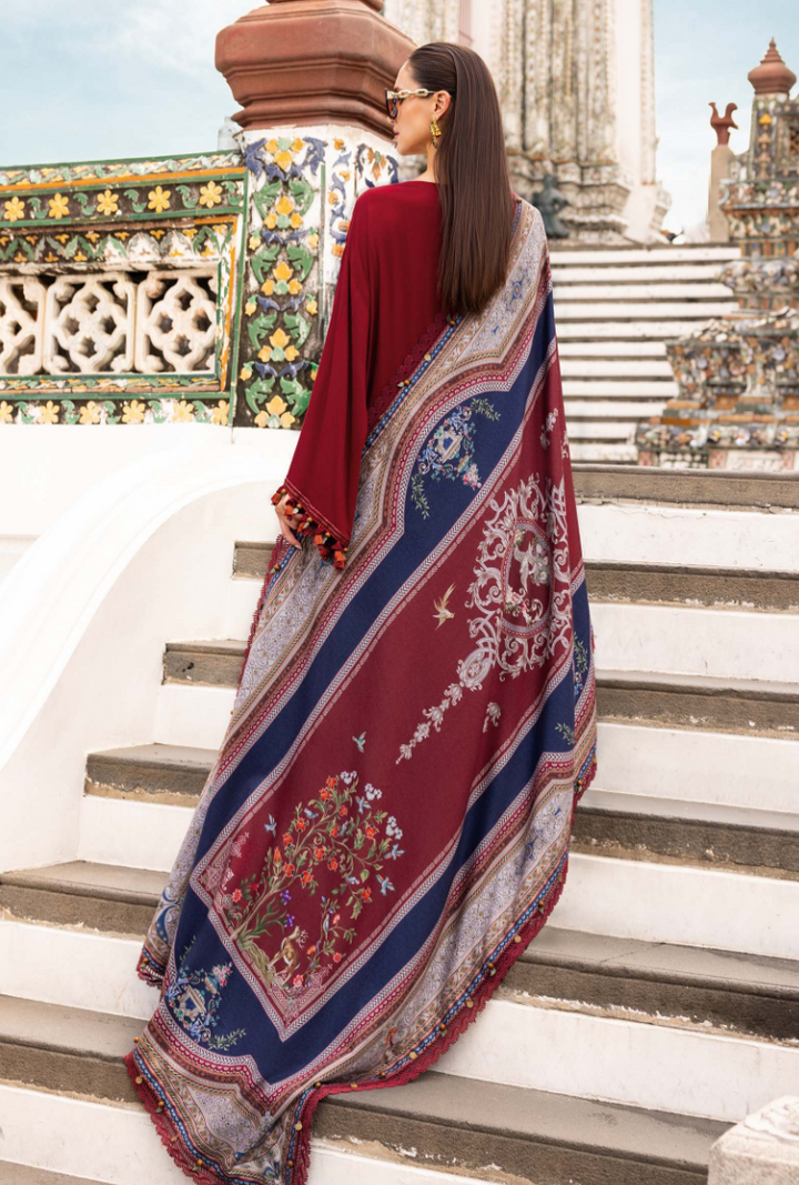 Maria B Mprint Red Twill Linen Suit | Embroidered Winter Suit with Wool Shawl
