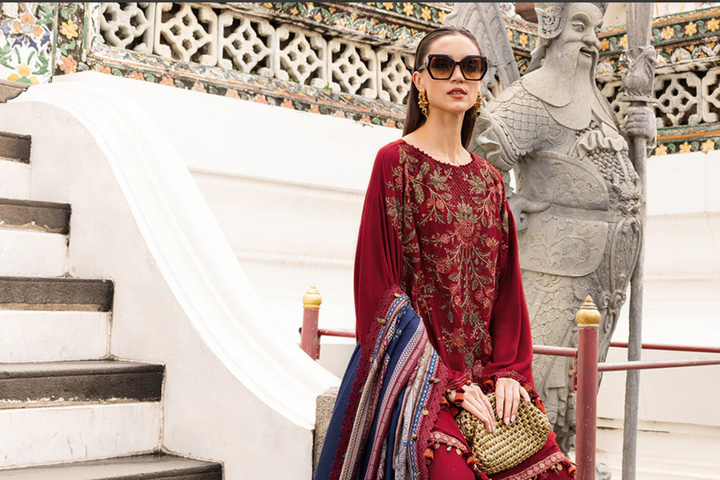 Maria B Mprint Red Twill Linen Suit | Embroidered Winter Suit with Wool Shawl