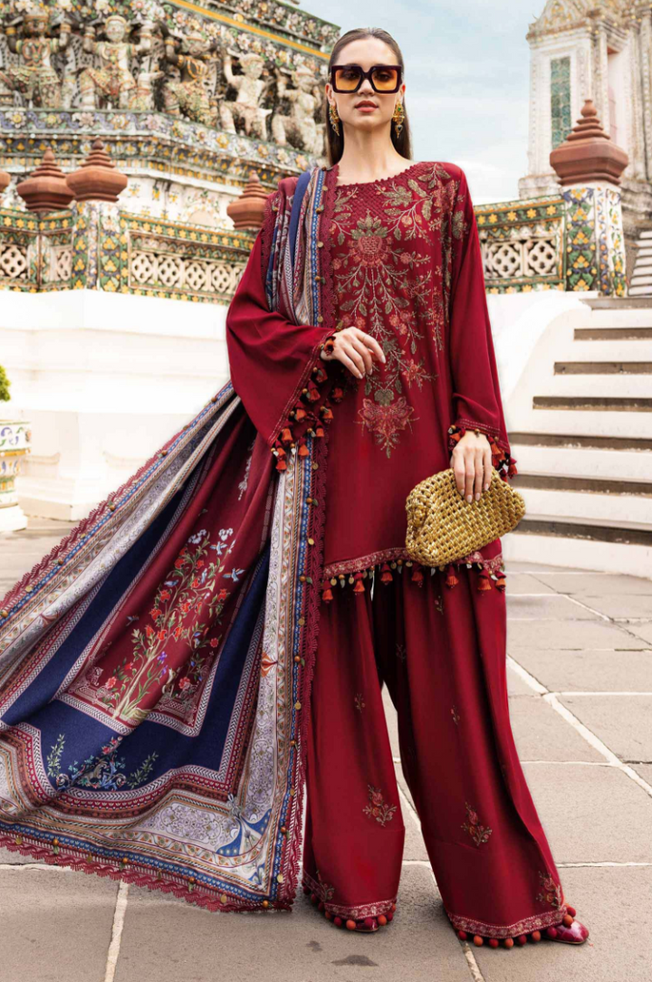Maria B Mprint Red Twill Linen Suit | Embroidered Winter Suit with Wool Shawl