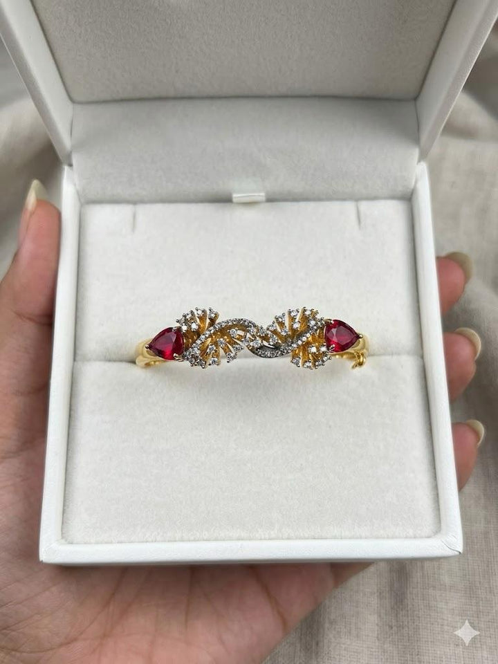 Ruby Bloom Twist Open Bracelet (Kara) – Gold Plated with Ruby Red Stones