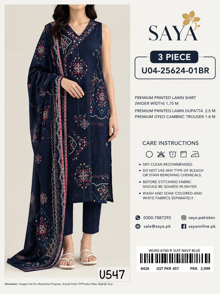 SAYA- Unstitched Printed Embroidered Cambric 3 Piece with Chiffon Dupatta