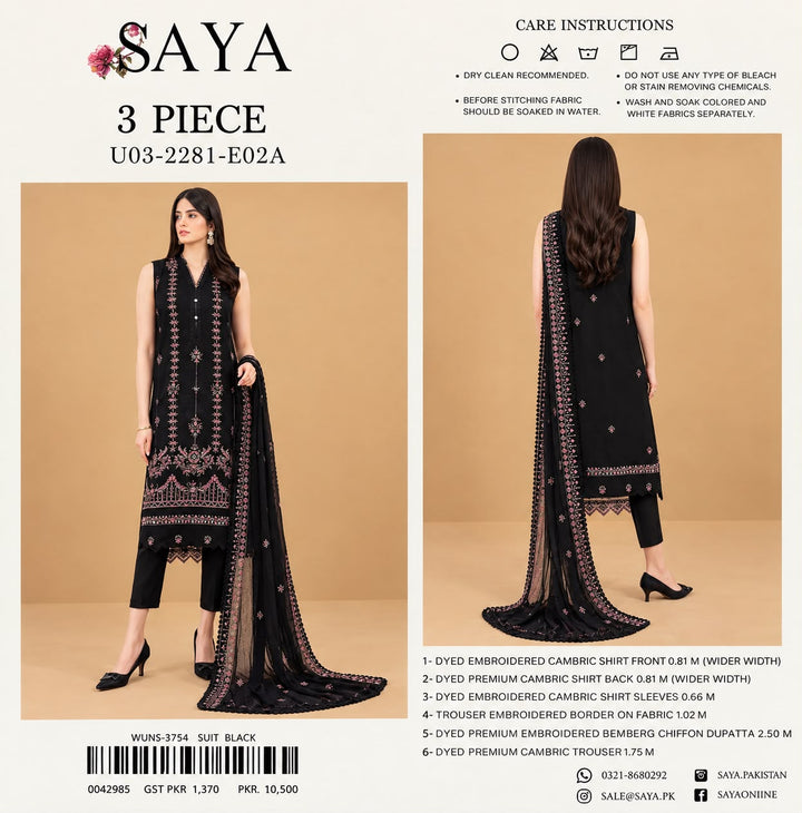 SAYA- Unstitched Printed Embroidered Cambric 3 Piece with Chiffon Dupatta
