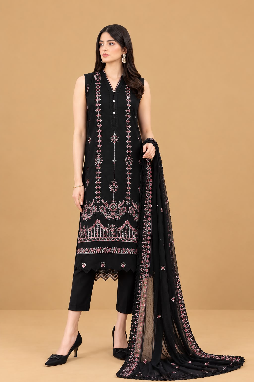 SAYA- Unstitched Printed Embroidered Cambric 3 Piece with Chiffon Dupatta