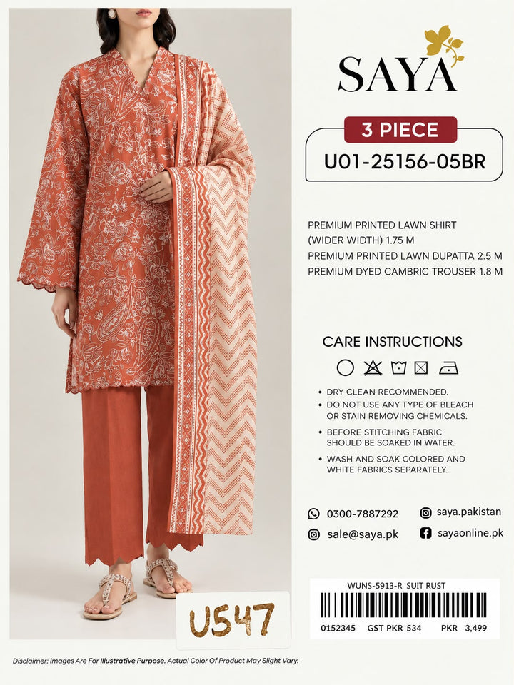 SAYA- Unstitched Printed Embroidered Cambric 3 Piece with Lawn Dupatta