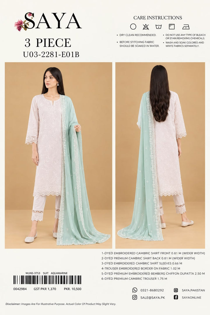 SAYA- Unstitched Printed Embroidered Cambric 3 Piece with Chiffon Dupatta
