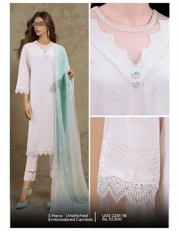 SAYA- Unstitched Printed Embroidered Cambric 3 Piece with Chiffon Dupatta