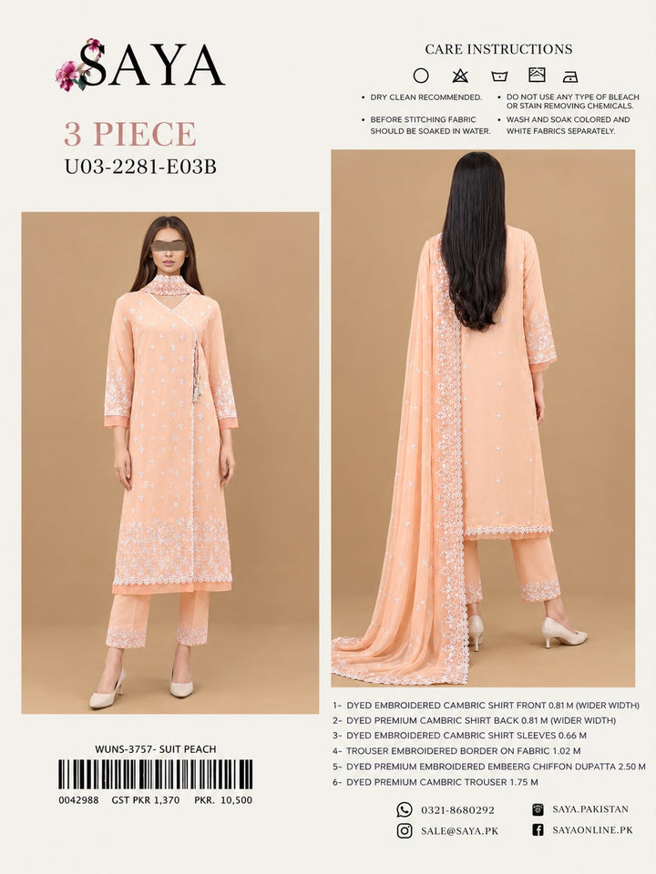 SAYA- Unstitched Printed Embroidered Cambric 3 Piece with Chiffon Dupatta