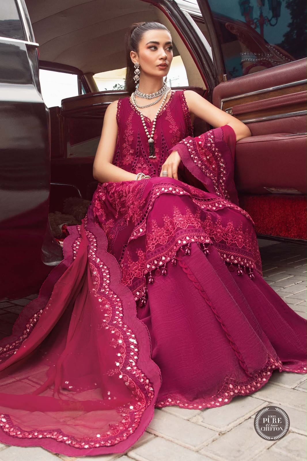 Maria B- Unstitched Chiffon | Magenta Pink