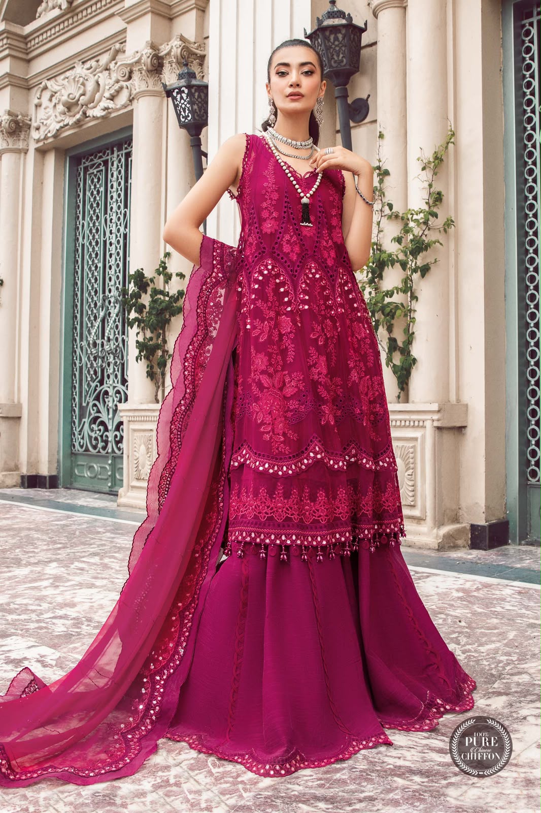 Maria B- Unstitched Chiffon | Magenta Pink