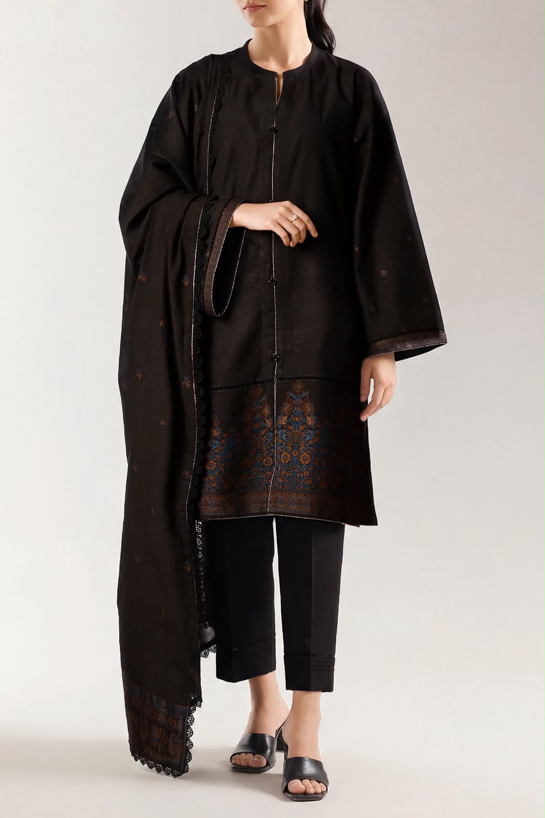SAYA- Unstitched Printed Embroidered Jacquard Cotton 3 Piece