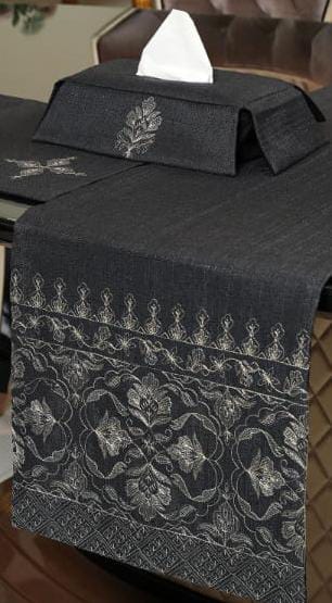 Embroidered Velvet Home Decor Set – Tissue Box, Table Runner & Table Mat