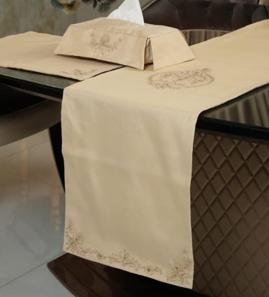 Embroidered Velvet Home Decor Set – Tissue Box, Table Runner & Table Mat