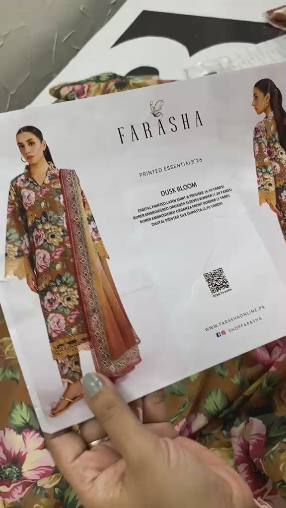 Farasha Summer Printed Essentials’26 Embroidered Lawn Unstitched 3Pc Suit -Dusk Bloom