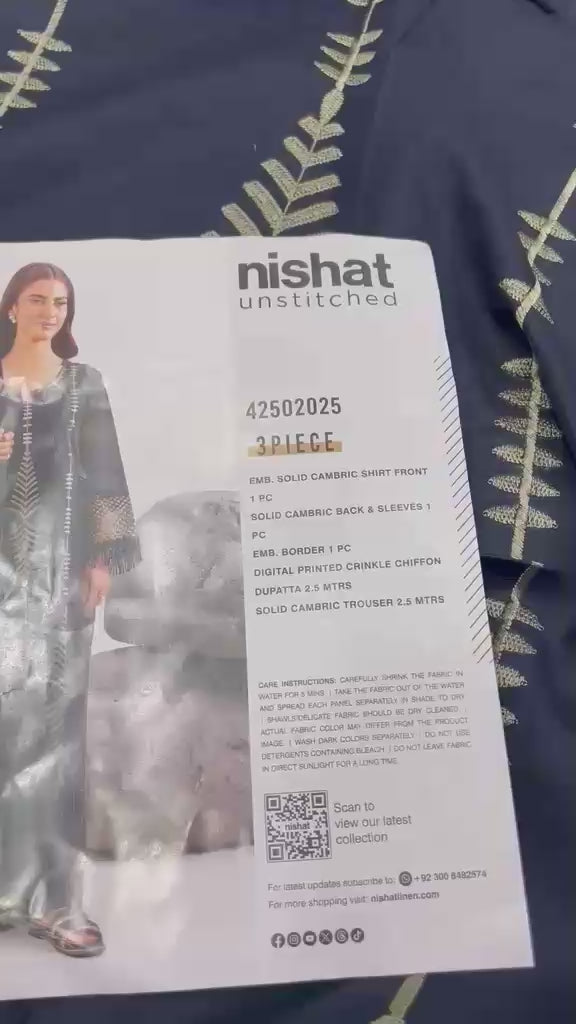 3 Piece -Nishat Linen Printed Embroidered Suit - 42502030